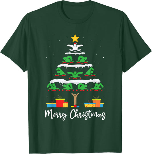 Merry Christmas Santa Christmas Tree Swiming Lover Swimmer T-Shirt - T-Shirt | Forest