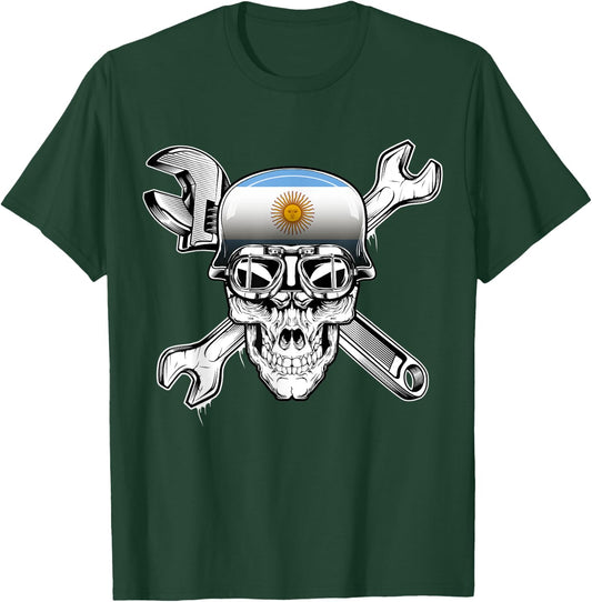 Argentina Biker Skull Motorcycle Flag T-Shirt - T-Shirt | Forest