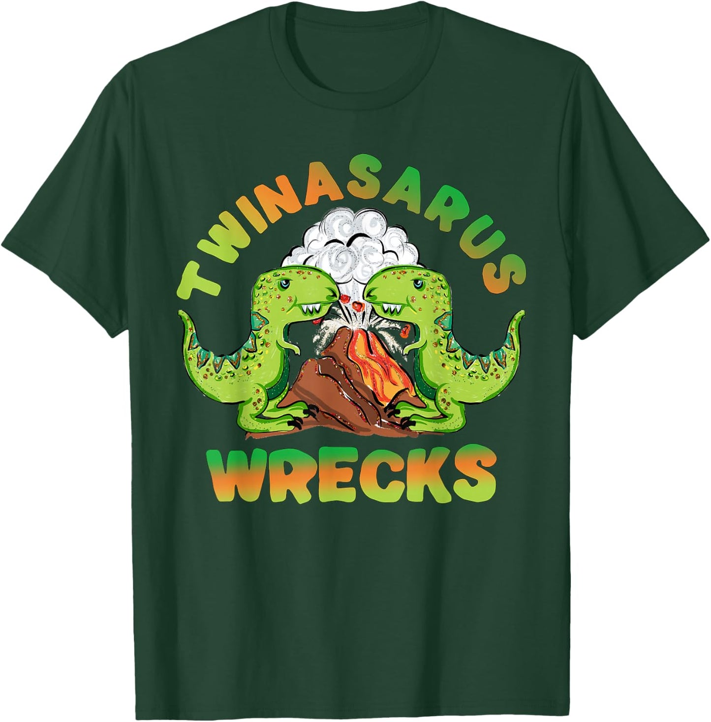Twin Brothers Dinosaur Twinasaurus Wrecks T-Rex Volcano T-Shirt - T-Shirt | Forest
