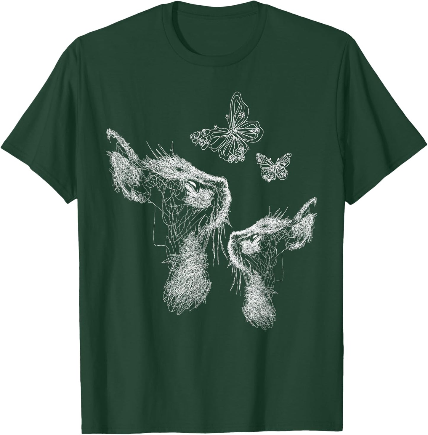 Cat with Kitten and Butterflies, scribble art T-Shirt - T-Shirt | Forest