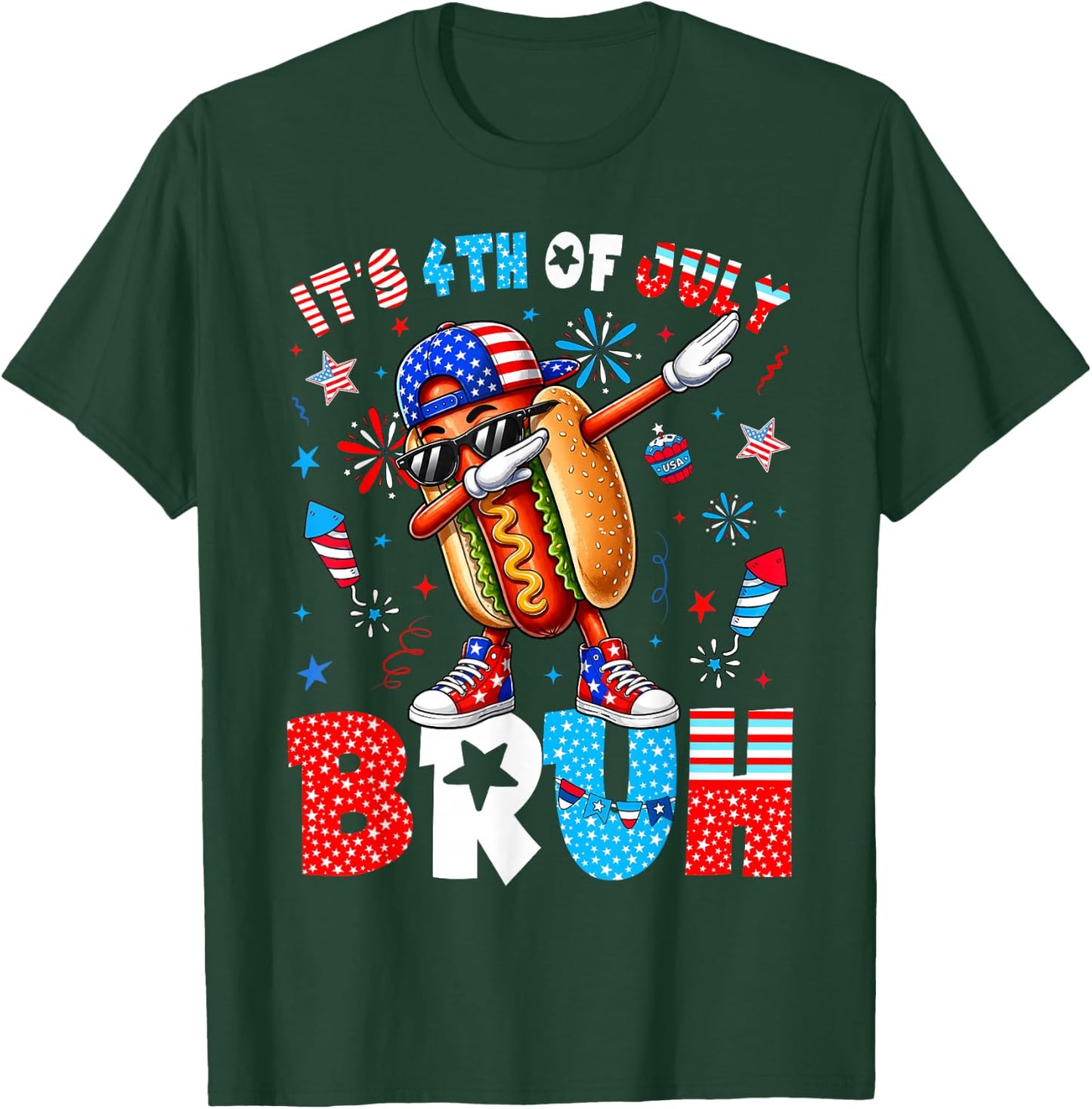 4th of July Its Fourth of July Bruh Dabbing Hotdog Boy Girl T-Shirt - T-Shirt | Forest