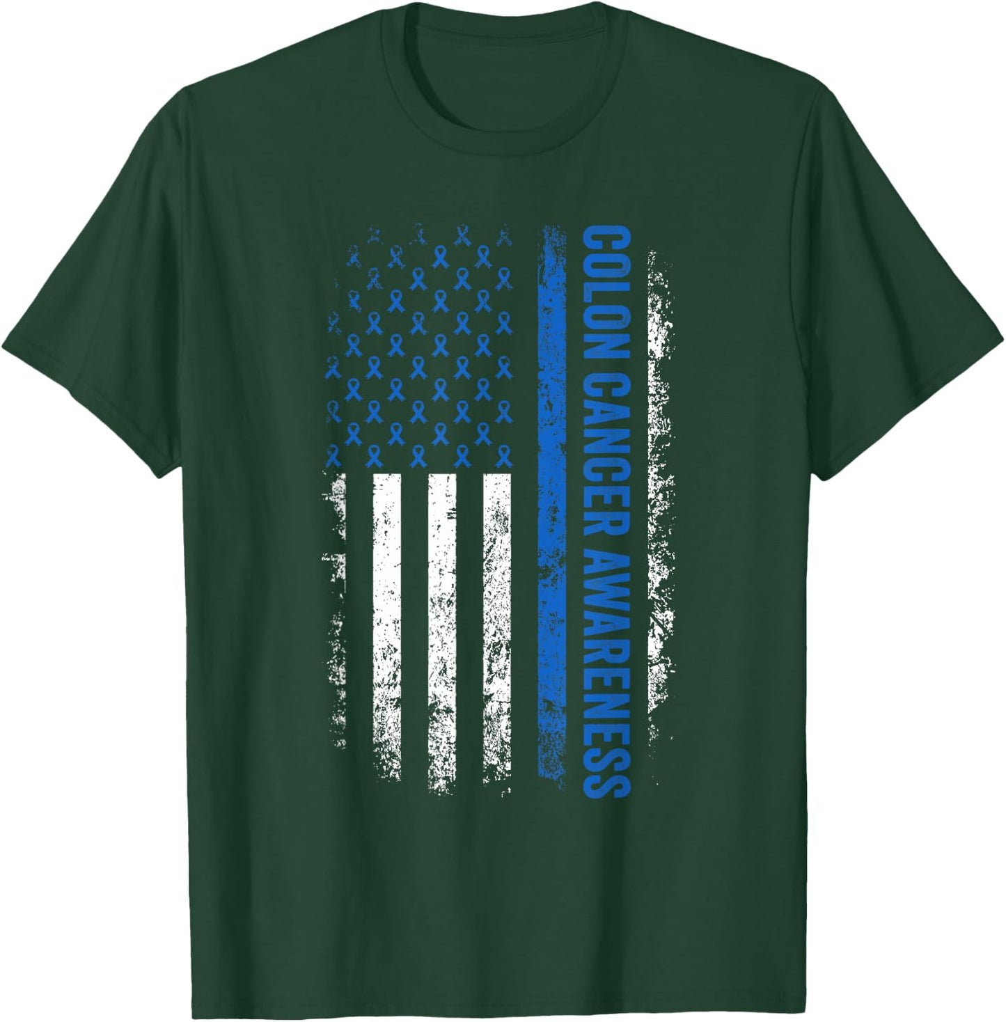 Colon Cancer Awareness Blue Ribbon US American Flag T-Shirt - T-Shirt | Forest