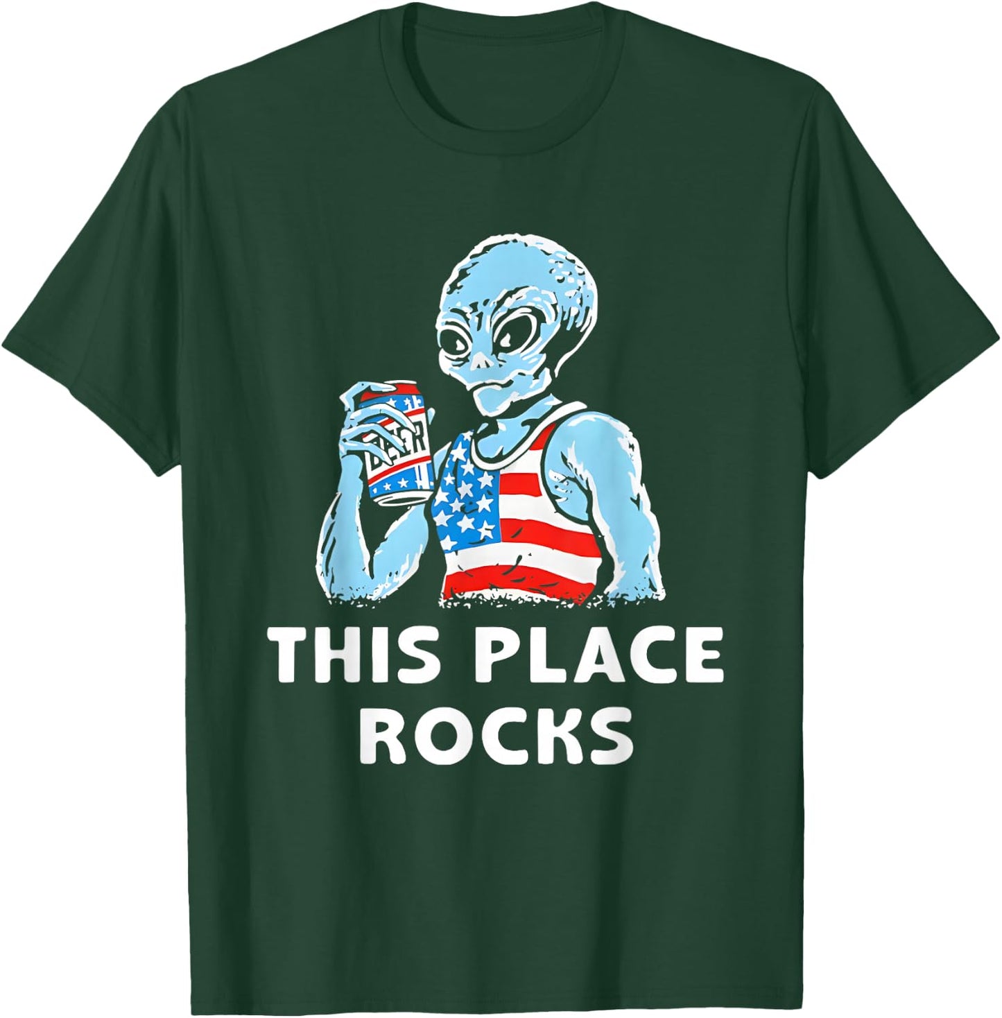 This Place Rocks Blue Alien Wearing an American Flag T-Shirt - T-Shirt | Forest
