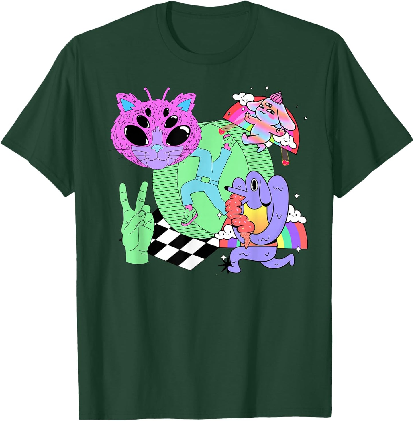 Weirdcore Aesthetic Bright Colorful Checker Print Trippy T-Shirt - T-Shirt | Forest