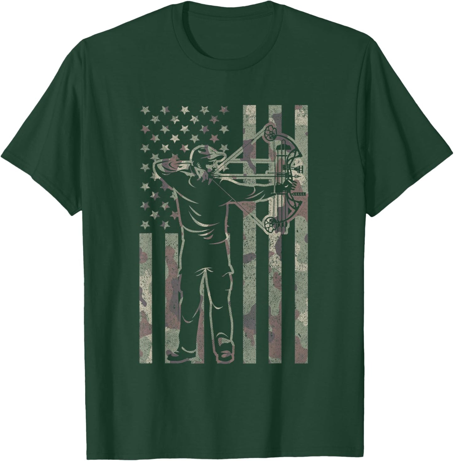 Archery Bow Hunter Deer Bow Hunting Vintage Camo US Flag T-Shirt - T-Shirt | Forest