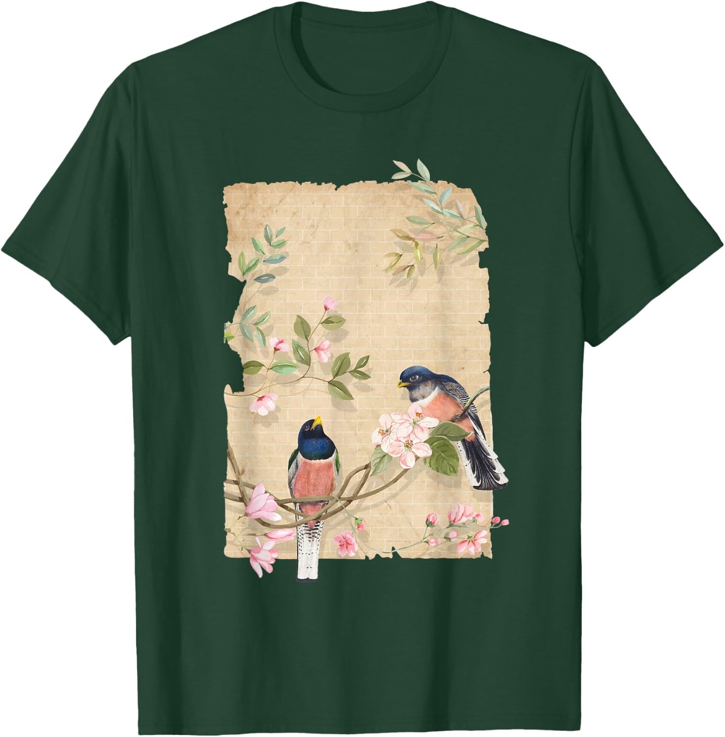 Bird and Flowers Art Japanese Woodblock Inspired Birds T-Shirt - T-Shirt | Forest