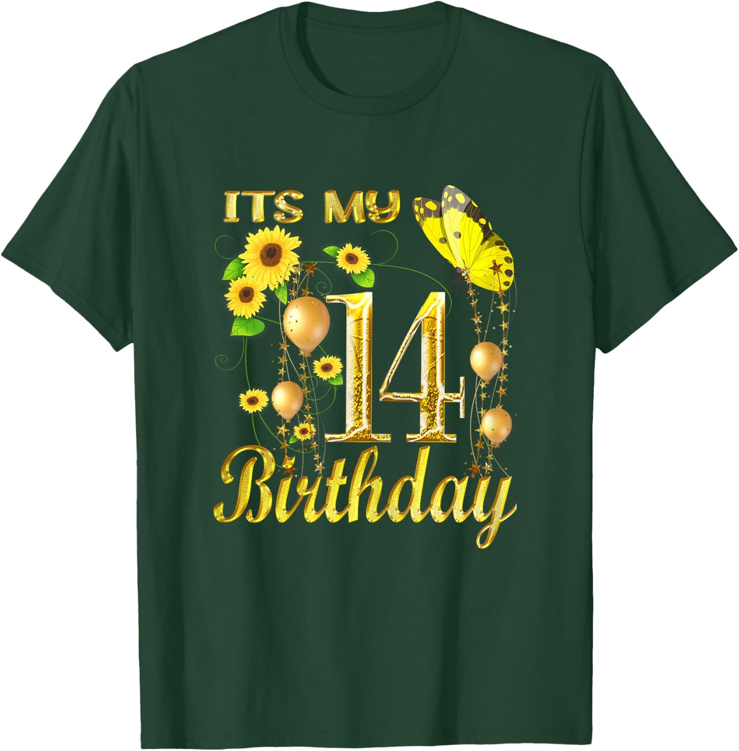 Its My 14th Birthday 14 Year Old Girl Sunflower Butterfly T-Shirt - T-Shirt | Forest