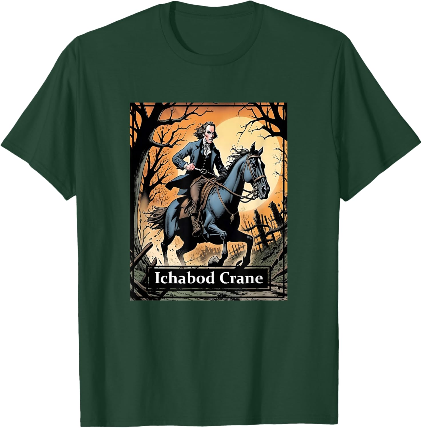 Ichabod Crane Riding on His Horse Gunpowder & Being Chased T-Shirt - T-Shirt | Forest