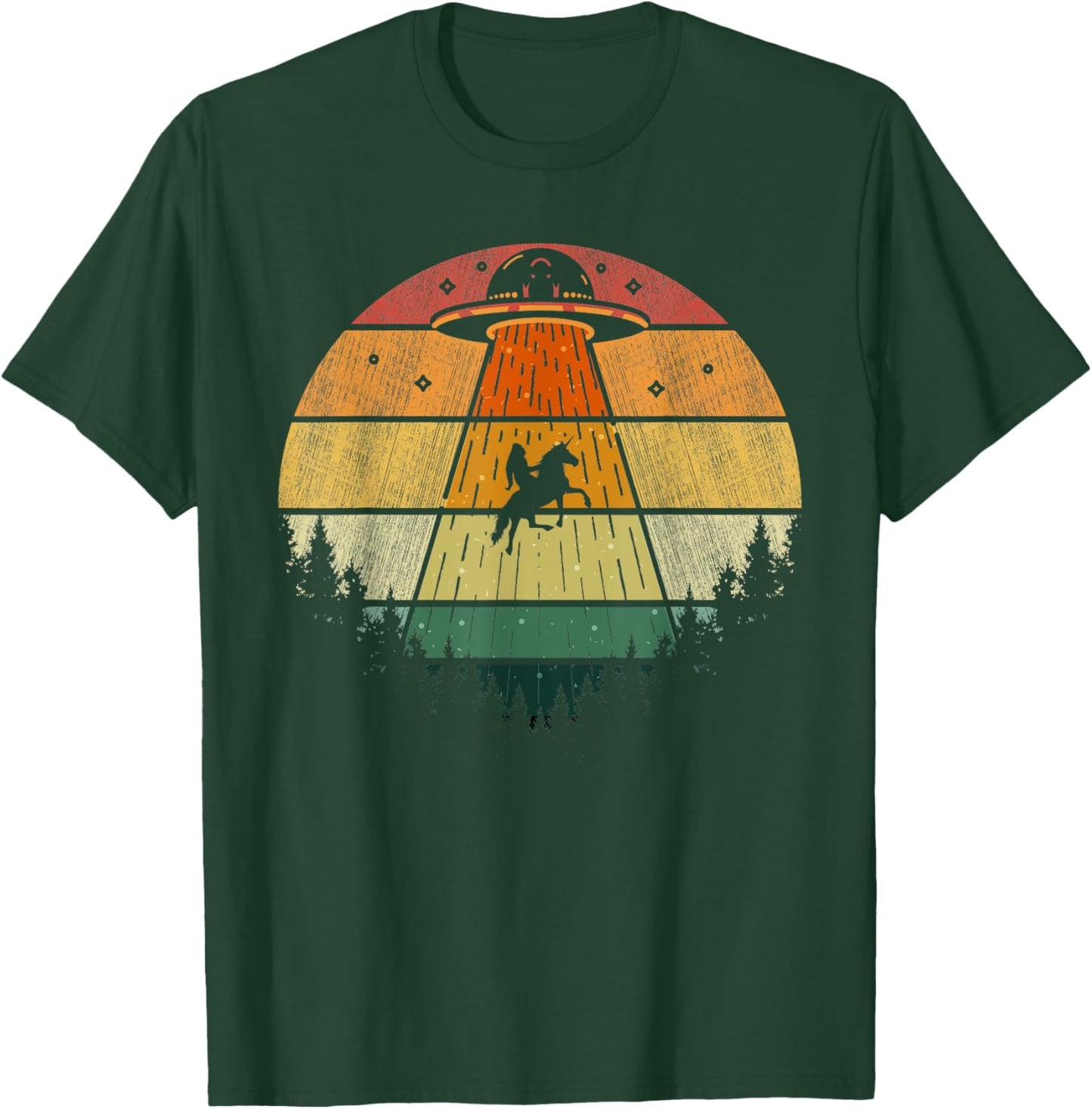 Retro Bigfoot Riding Unicorn Funny Sasqutch UFO Abduction T-Shirt - T-Shirt | Forest