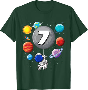 7th Birthday Astronaut Balloon Planet 7 Year Old Boy T-Shirt - T-Shirt | Forest