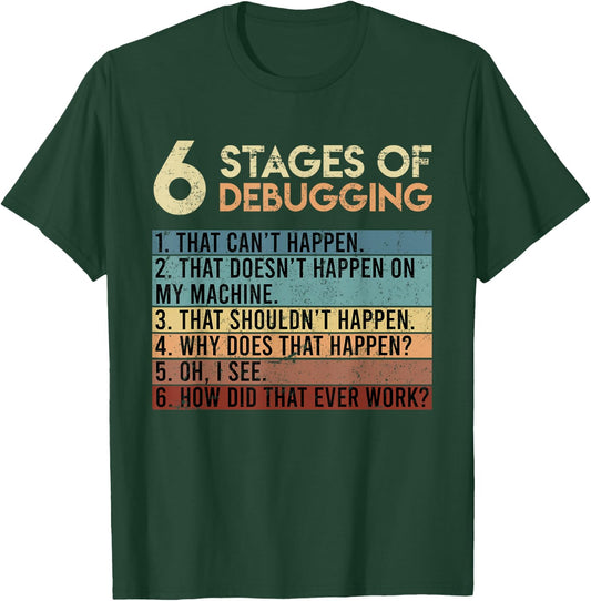 6 Stages of Debugging Software Tester developer Coder T-Shirt - T-Shirt | Forest