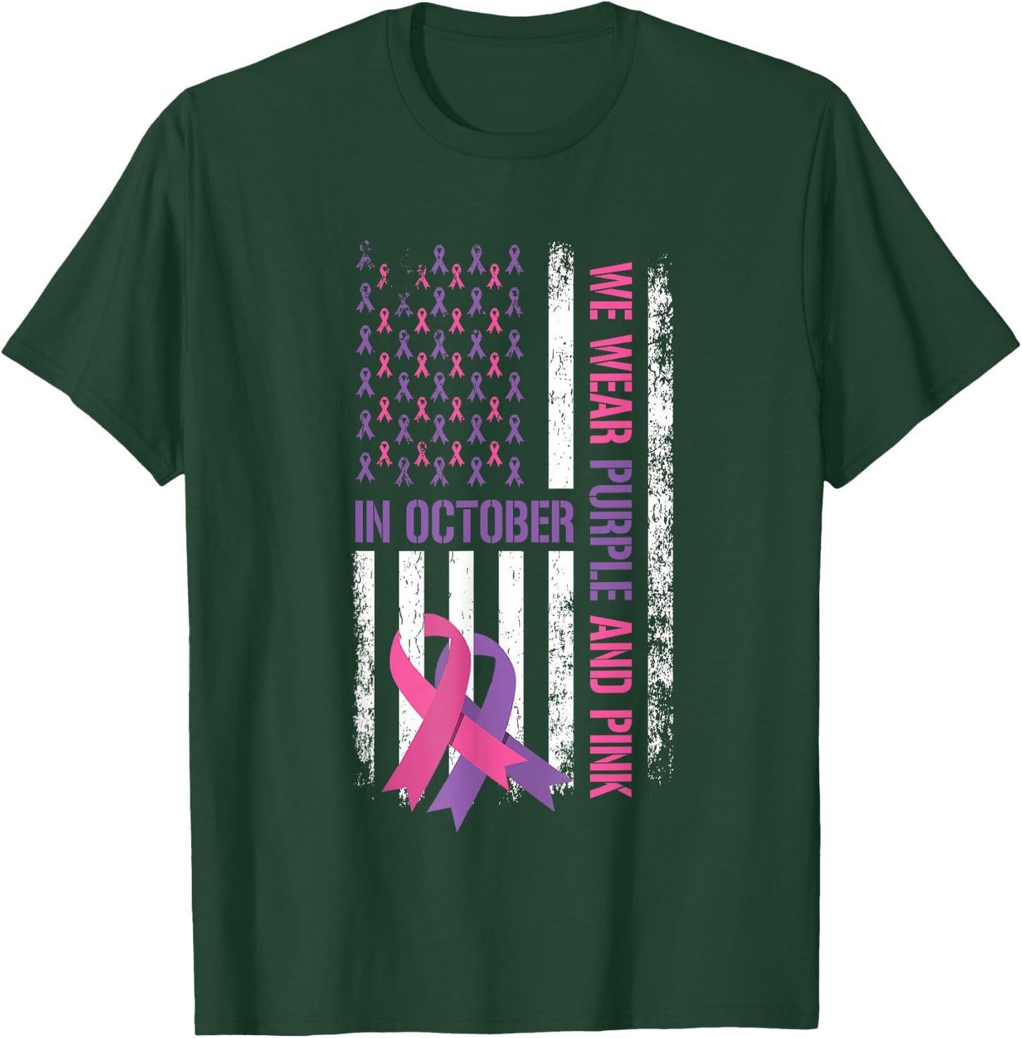 US Flag Breast Cancer and Domestic Violence Awareness T-Shirt - T-Shirt | Forest