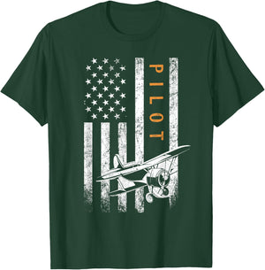 Father's Day Pilot Gifts American Flag Airplane Design Cotton Polyester -Adults Classic Fit Short Sleeve Black T-Shirt - T-Shirt | Forest