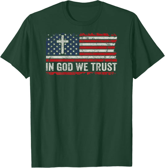 In God We Trust - Patriotic Vintage USA Flag Cross (ON BACK) T-Shirt - T-Shirt | Forest