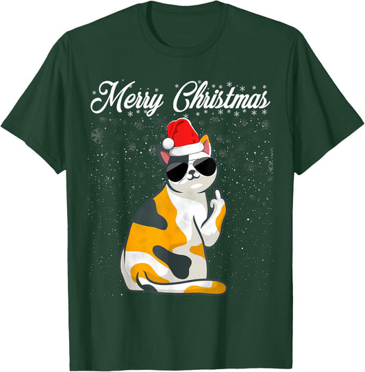 Merry Christmas Cat Middle Finger Rude Xmas Ugly Christmas T-Shirt - T-Shirt | Forest