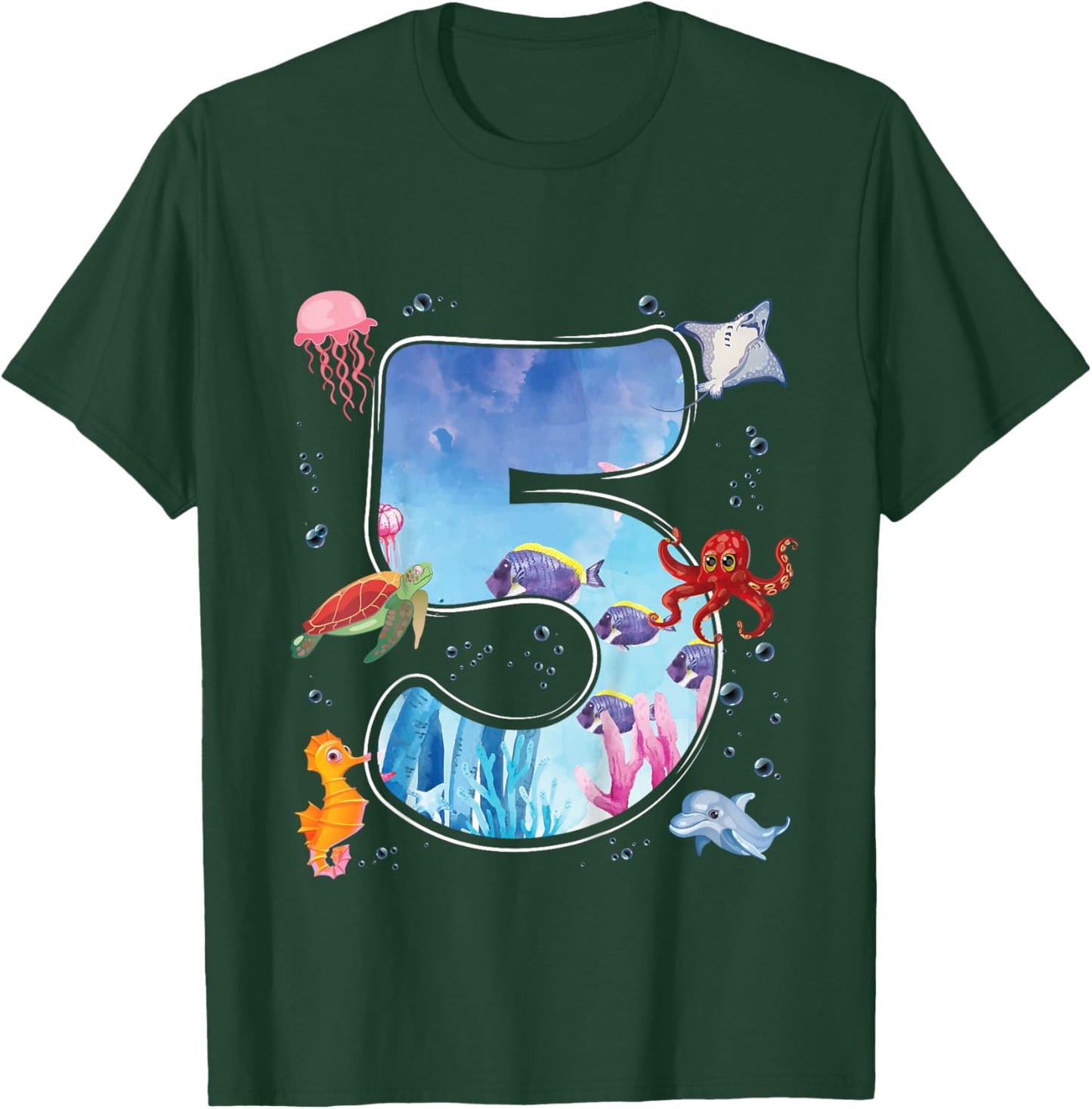 Kids 5th Birthday Party Ocean 5 Year Old Sea Fish Aquarium Boy T-Shirt - T-Shirt | Forest