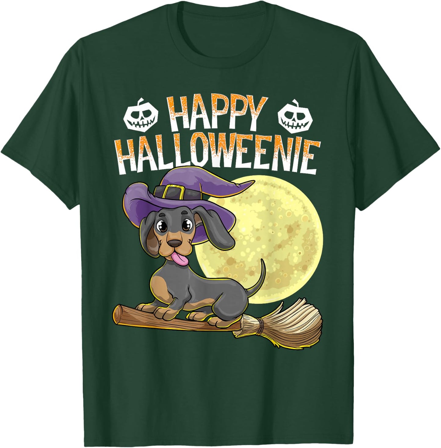 Happy Halloweenie Dachshund Dog Halloween Witch Wiener Broom T-Shirt - T-Shirt | Forest