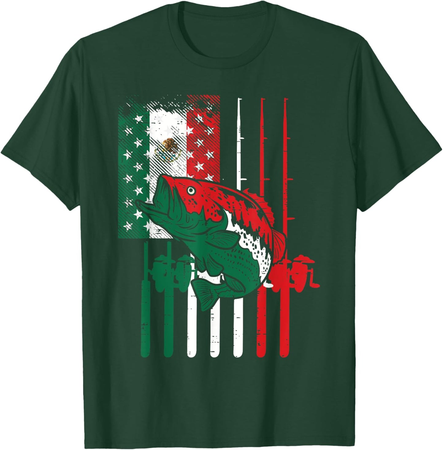 Mexican American Fishing Flag Fish Rod Cinco De Mayo Men Dad T-Shirt - T-Shirt | Forest
