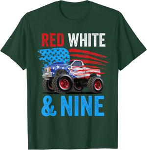 Red White & Nine Monster Truck Boy 9th Birthday USA Flag T-Shirt - T-Shirt | Forest