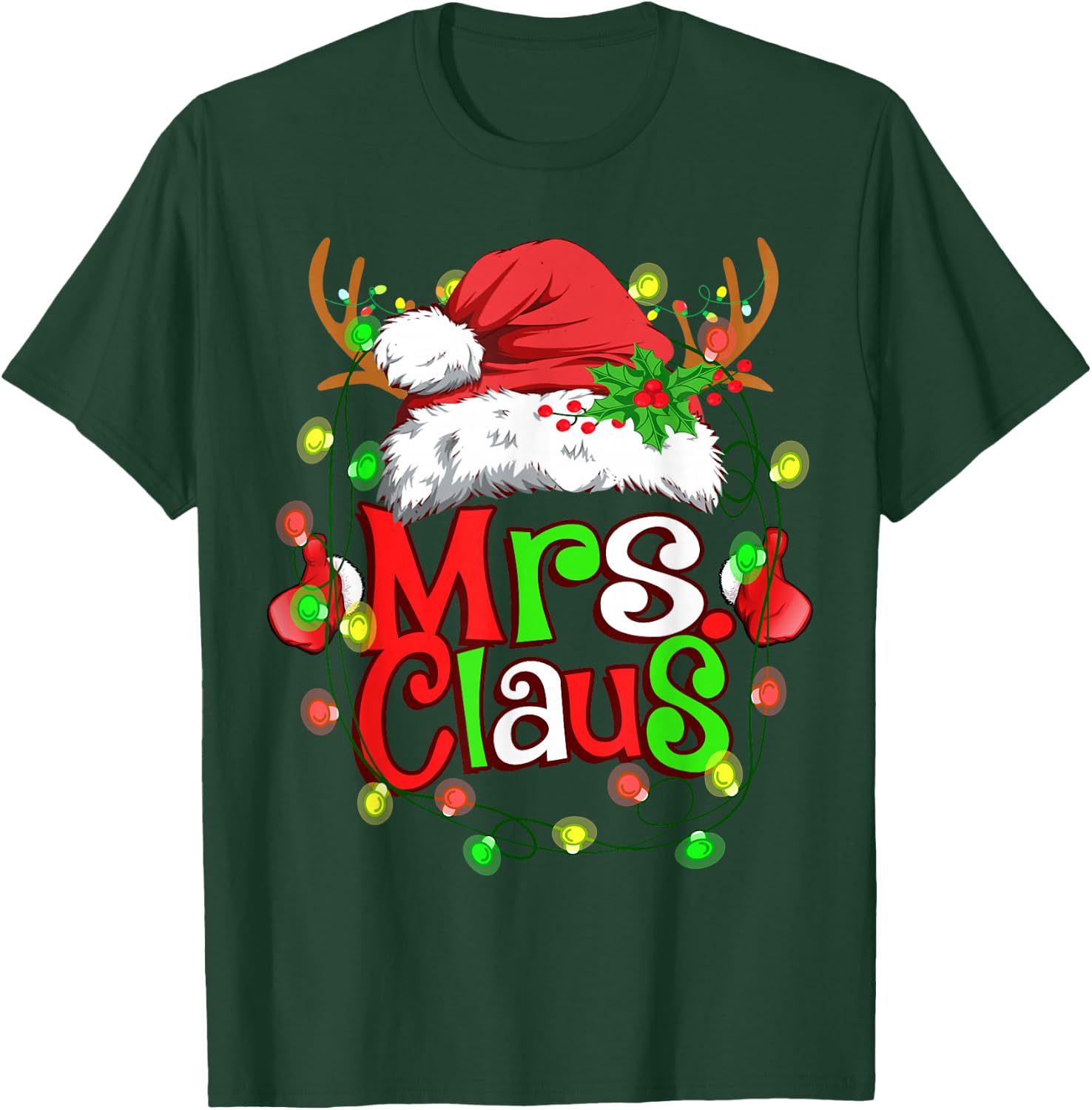 Mr and Mrs Claus Santa Reindeer Couples Christmas Lights T-Shirt - T-Shirt | Forest