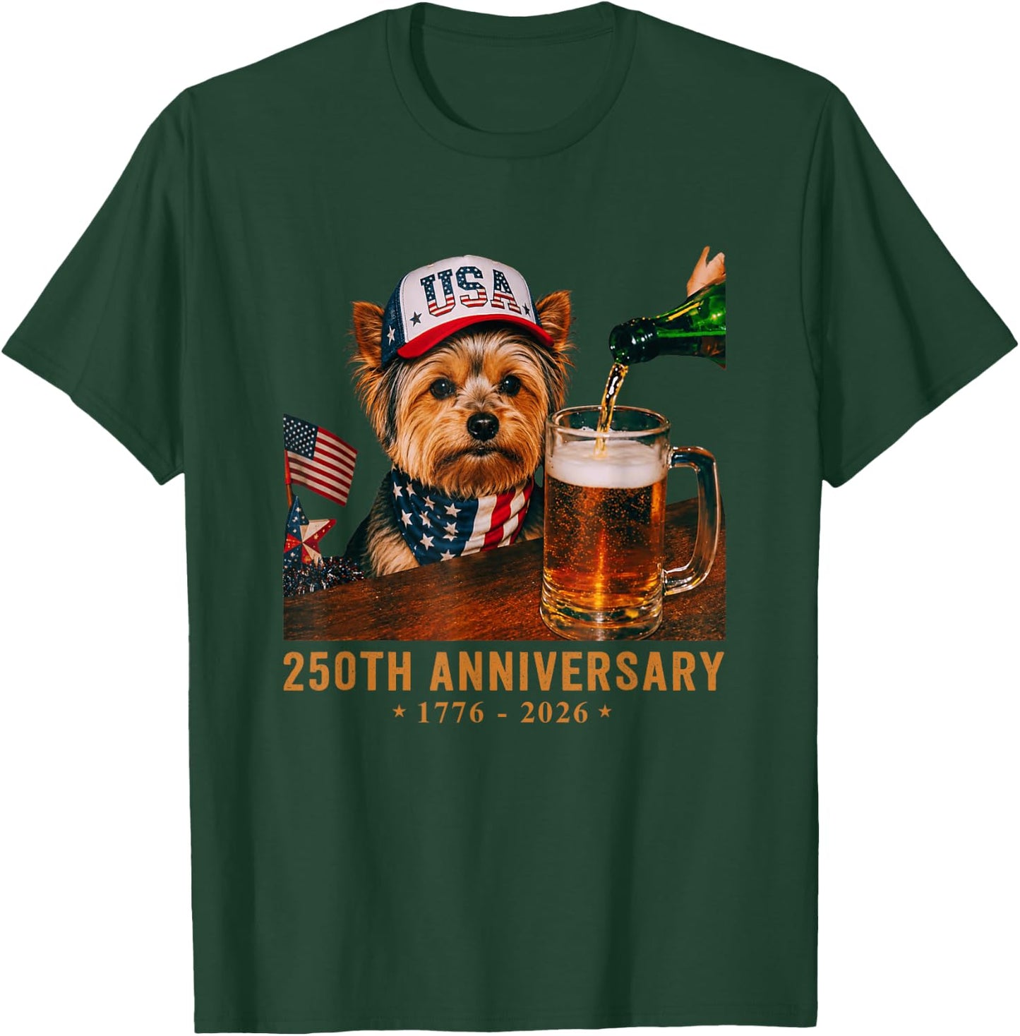 USA 250th Anniversary 4th July Yorkie Dog Dad Drinking Beer T-Shirt - T-Shirt | Forest