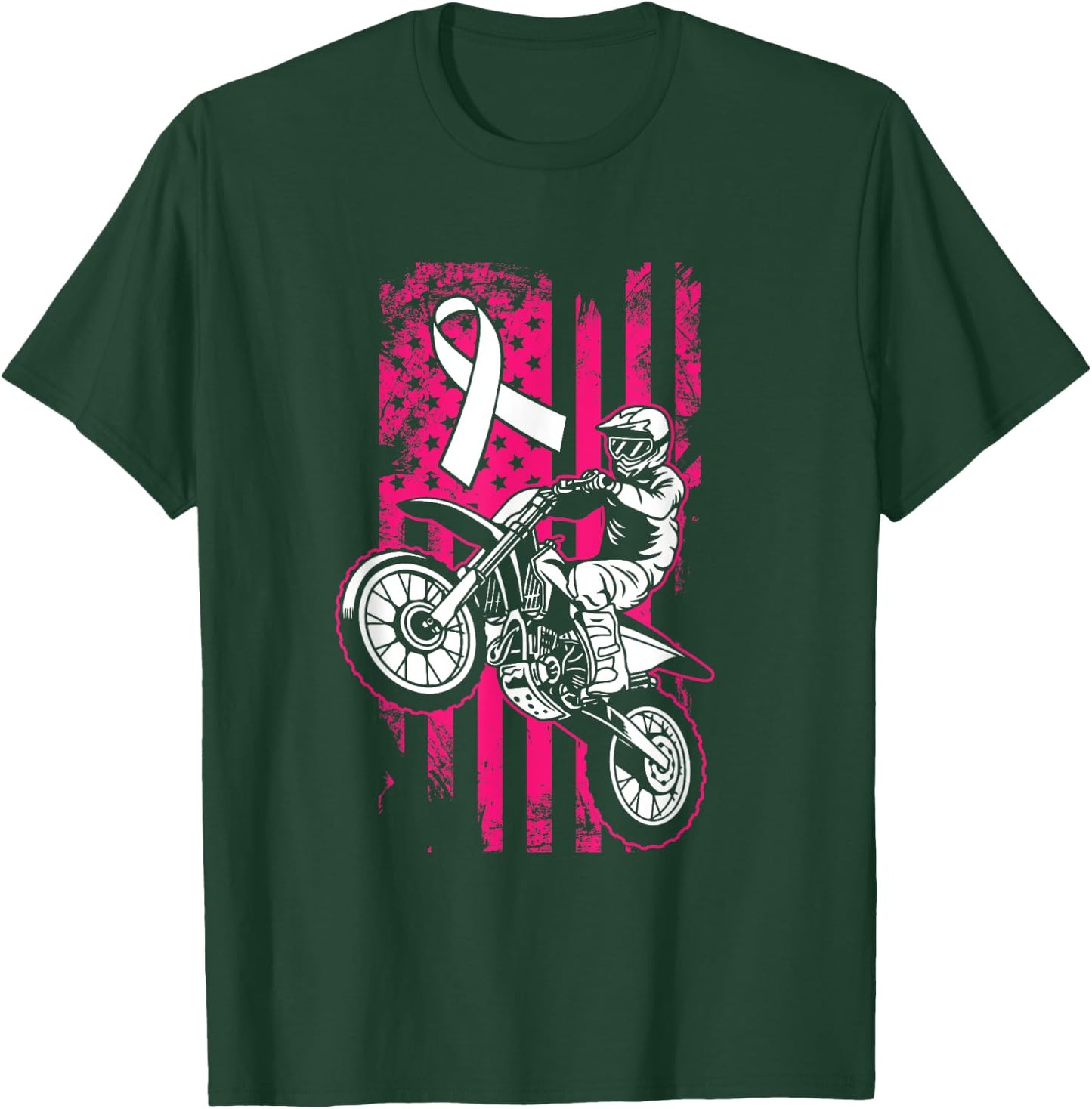 Motocross American Flag Breast Cancer Awareness Pink Ribbon T-Shirt - T-Shirt | Forest
