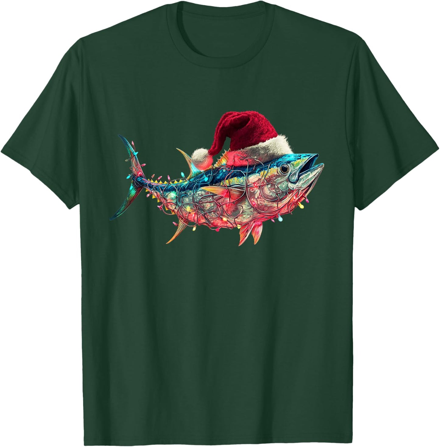 Christmas Tuna Fish Funny Fishing Santa Hat Lights T-Shirt - T-Shirt | Forest