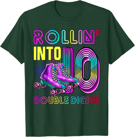 10 Years Old Birthday Girl Rolling Into 10th Double Digits T-Shirt - T-Shirt | Forest