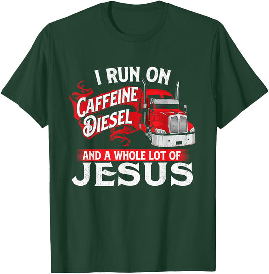 I Run On Coffein Christian Trucker Semi Truck Driver T-Shirt - T-Shirt | Forest