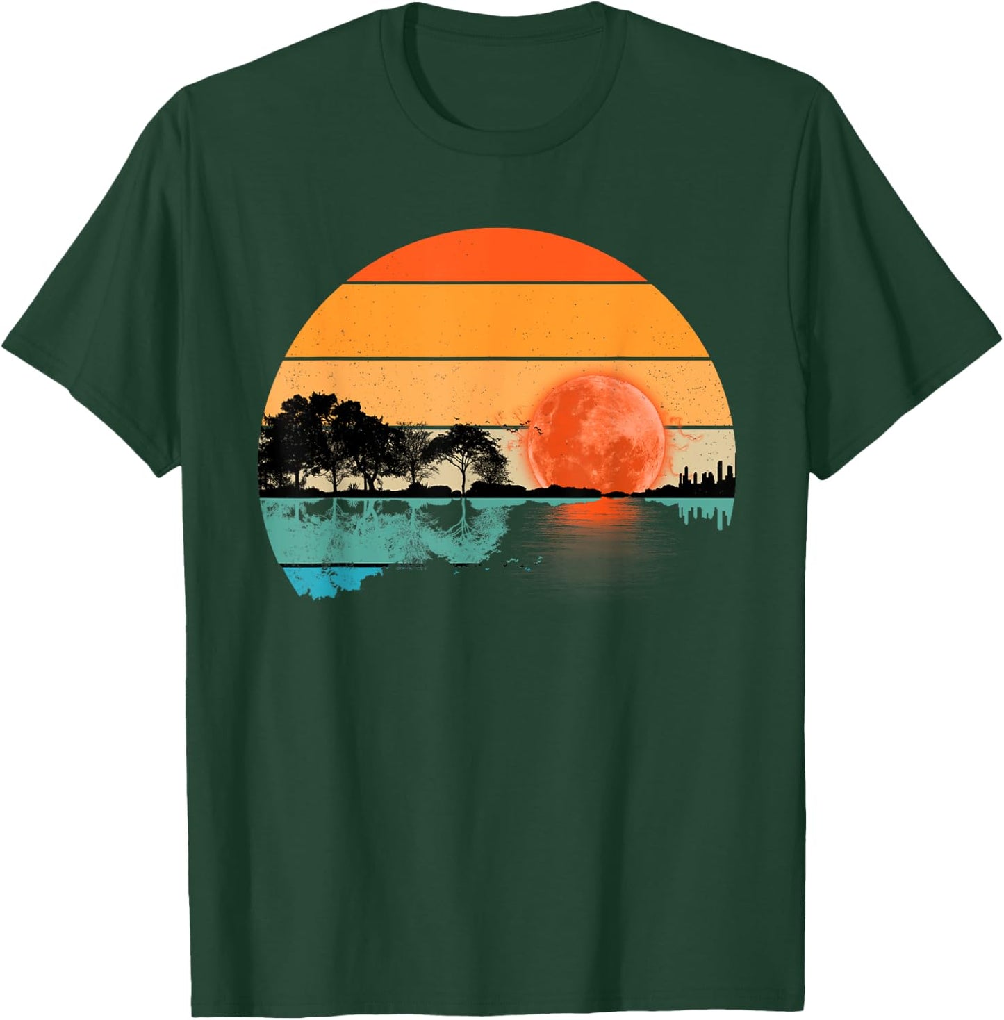 Funny Retro Guitar Lake Sunset Guitarist Music Lover T-Shirt - T-Shirt | Forest