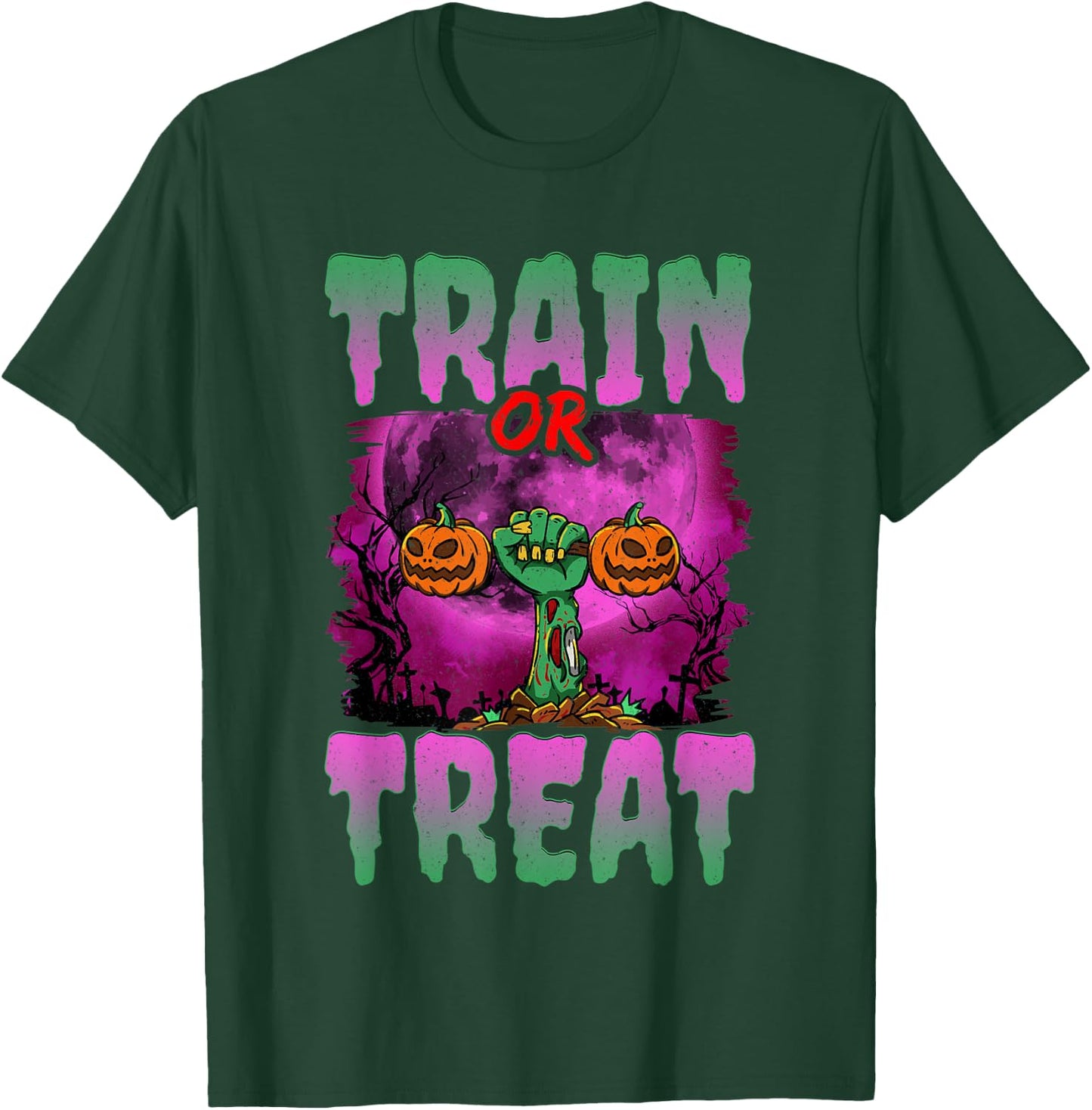 Train Or Treat Halloween Gym Weightlifting Zombie Fitness T-Shirt - T-Shirt | Forest