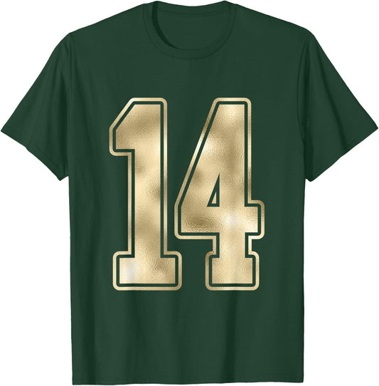 #14 Gold Outline Number 14 Sports Fan Jersey Style Shirt T-Shirt - T-Shirt | Forest