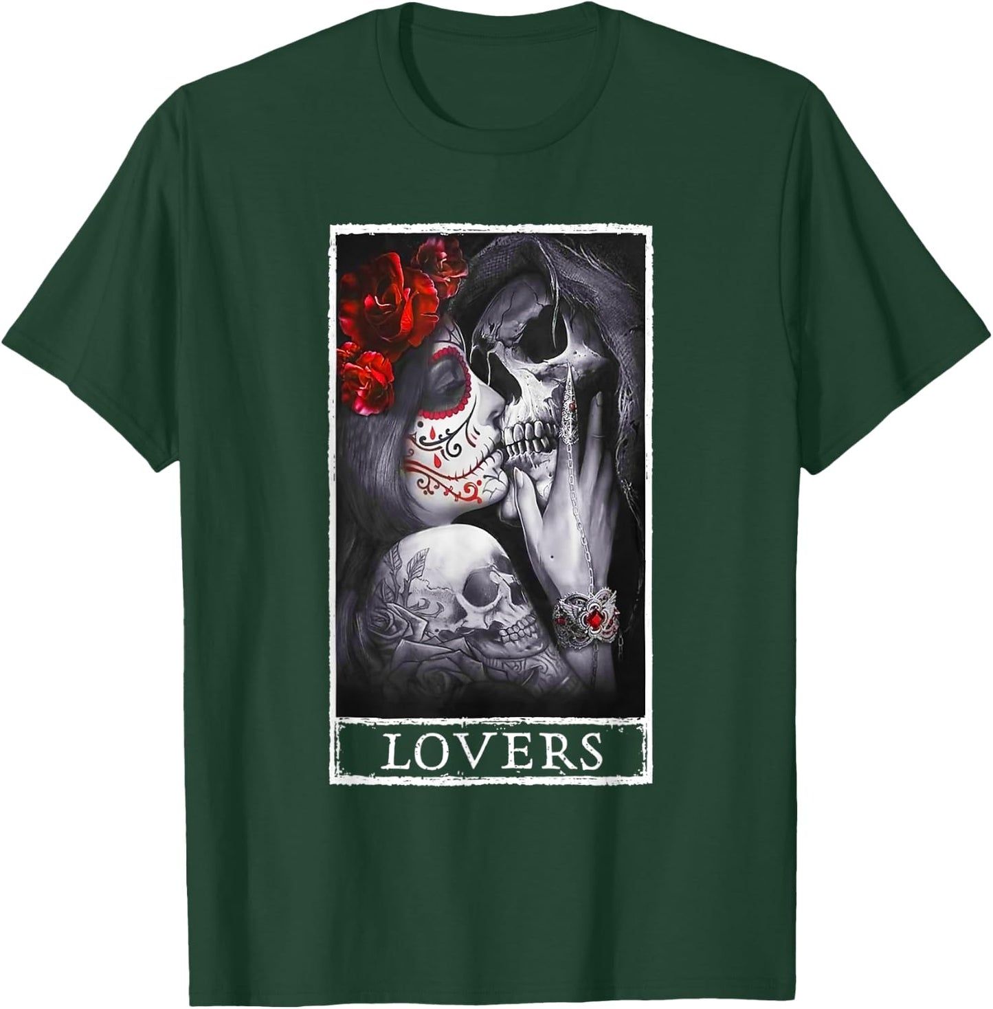 Woman Kissing Skeleton Skull Lovers Red Roses Goth Couple T-Shirt - T-Shirt | Forest