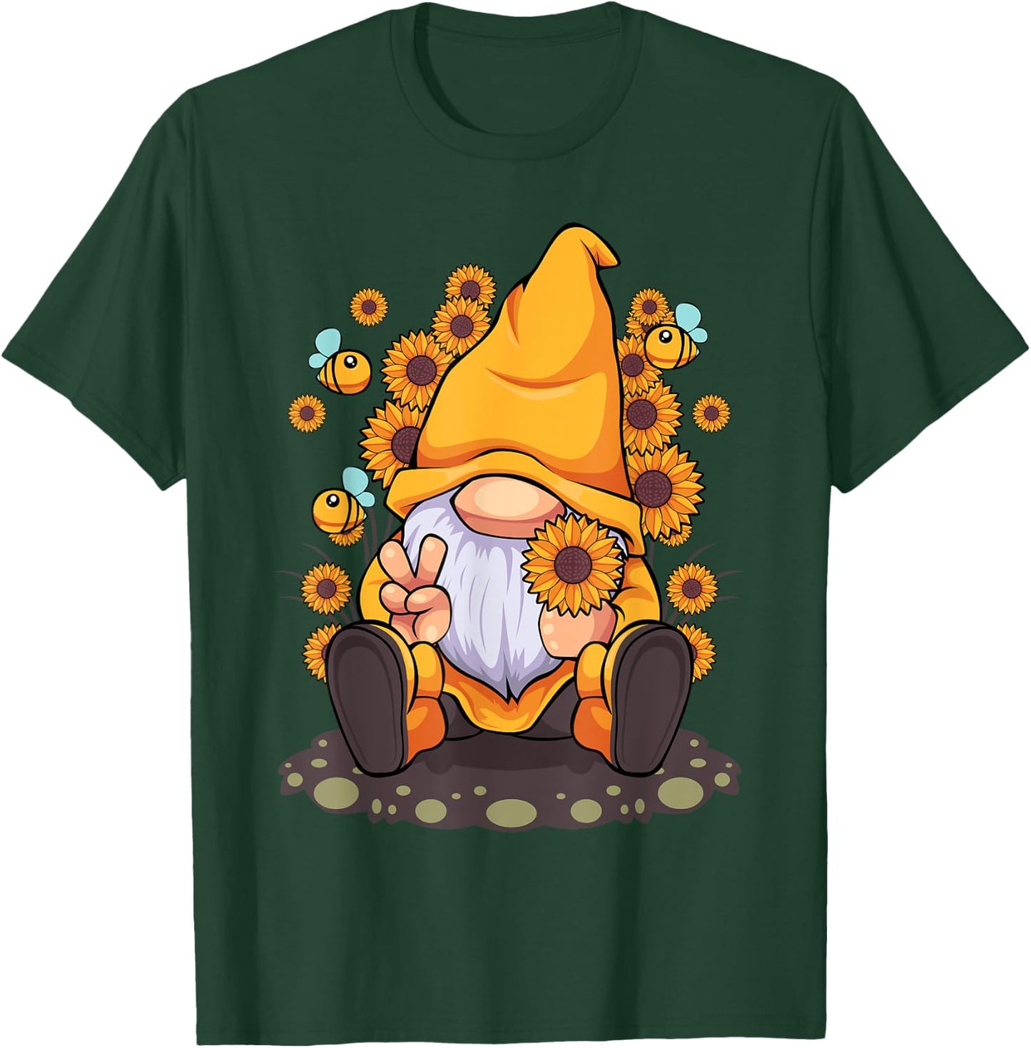 Funny Hippie Sunflower Gnome with Bee Flower Summer Men Women T-Shirt - T-Shirt | Forest