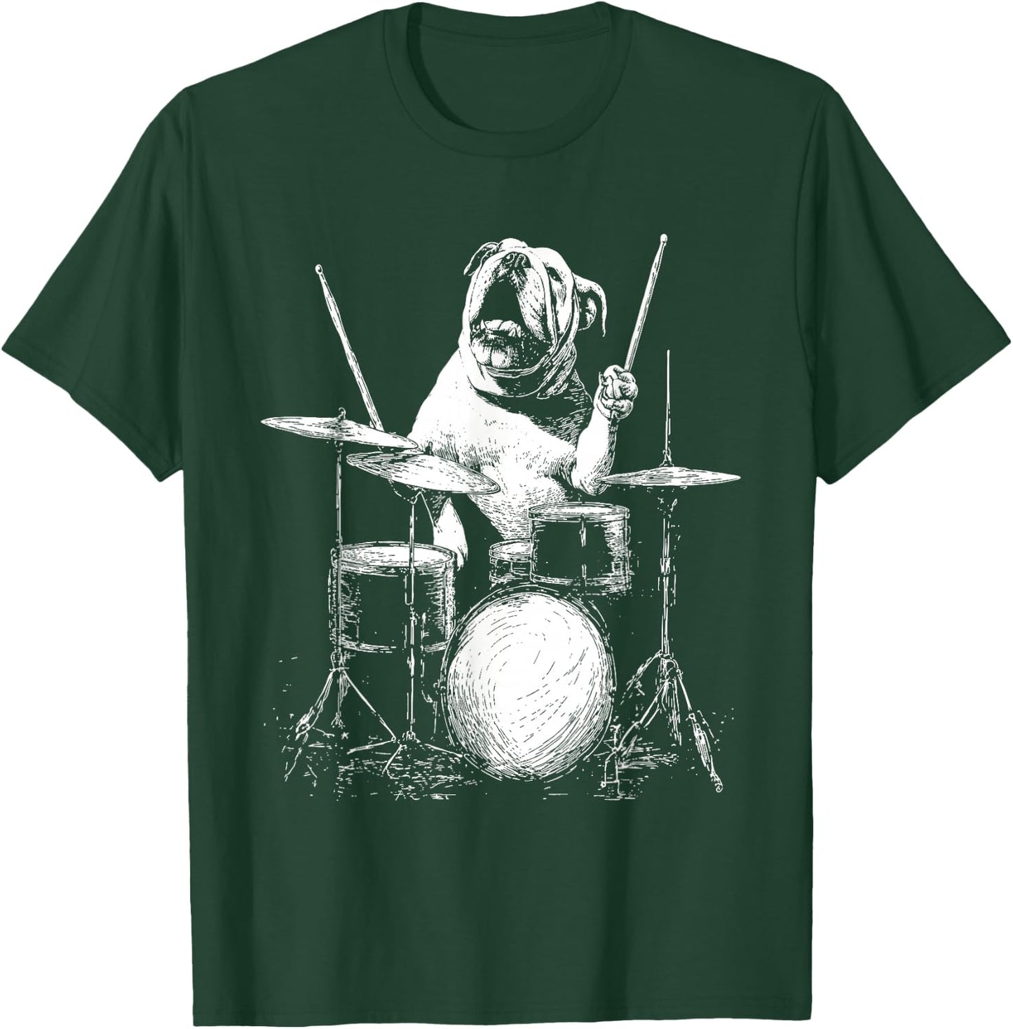 Funny English Bulldog Playing Drums Musician Dog T-Shirt - T-Shirt | Forest