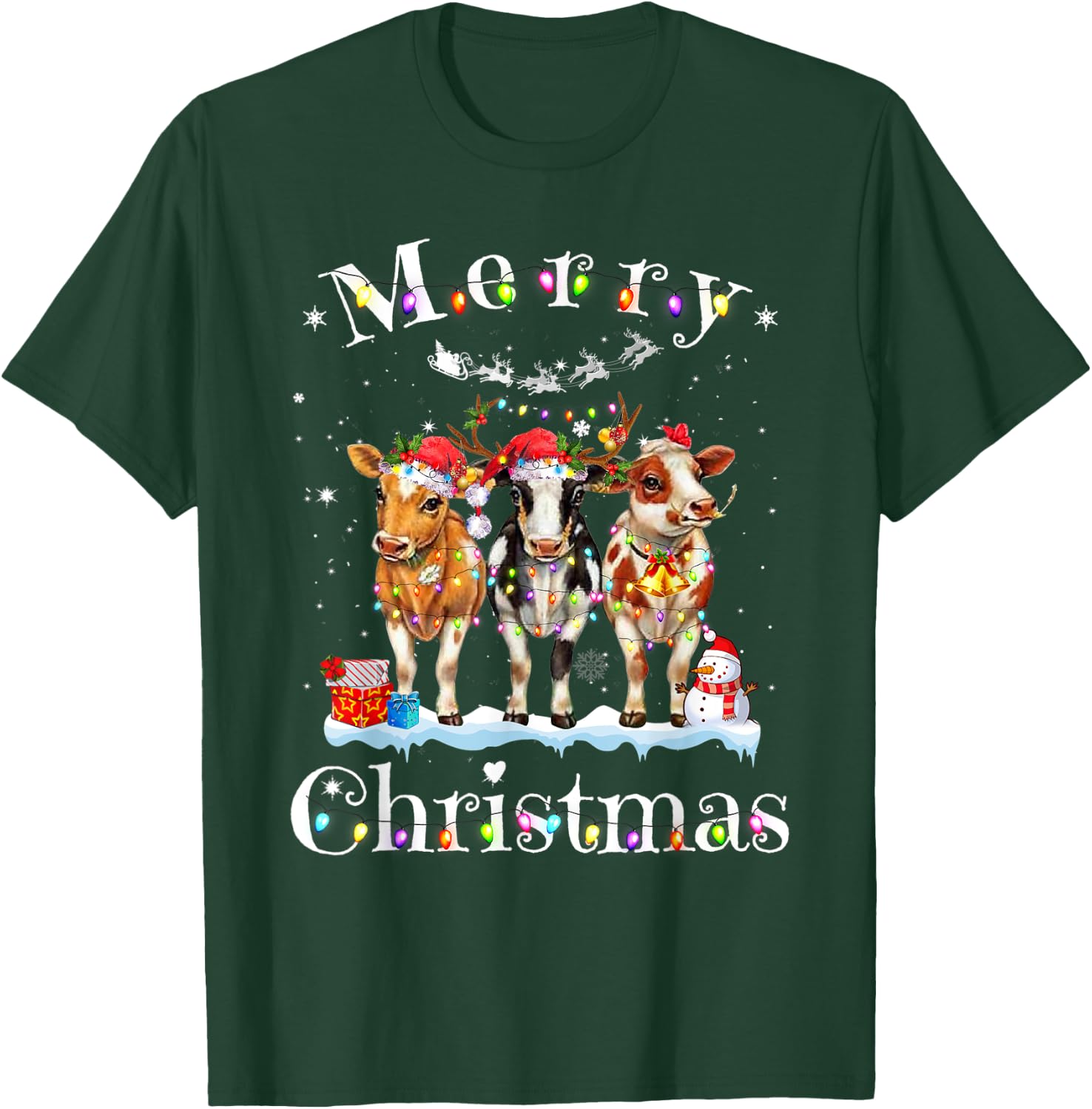 Cow Reindeer Hat Santa Christmas Lights Funny Cow Christmas T-Shirt - T-Shirt | Forest