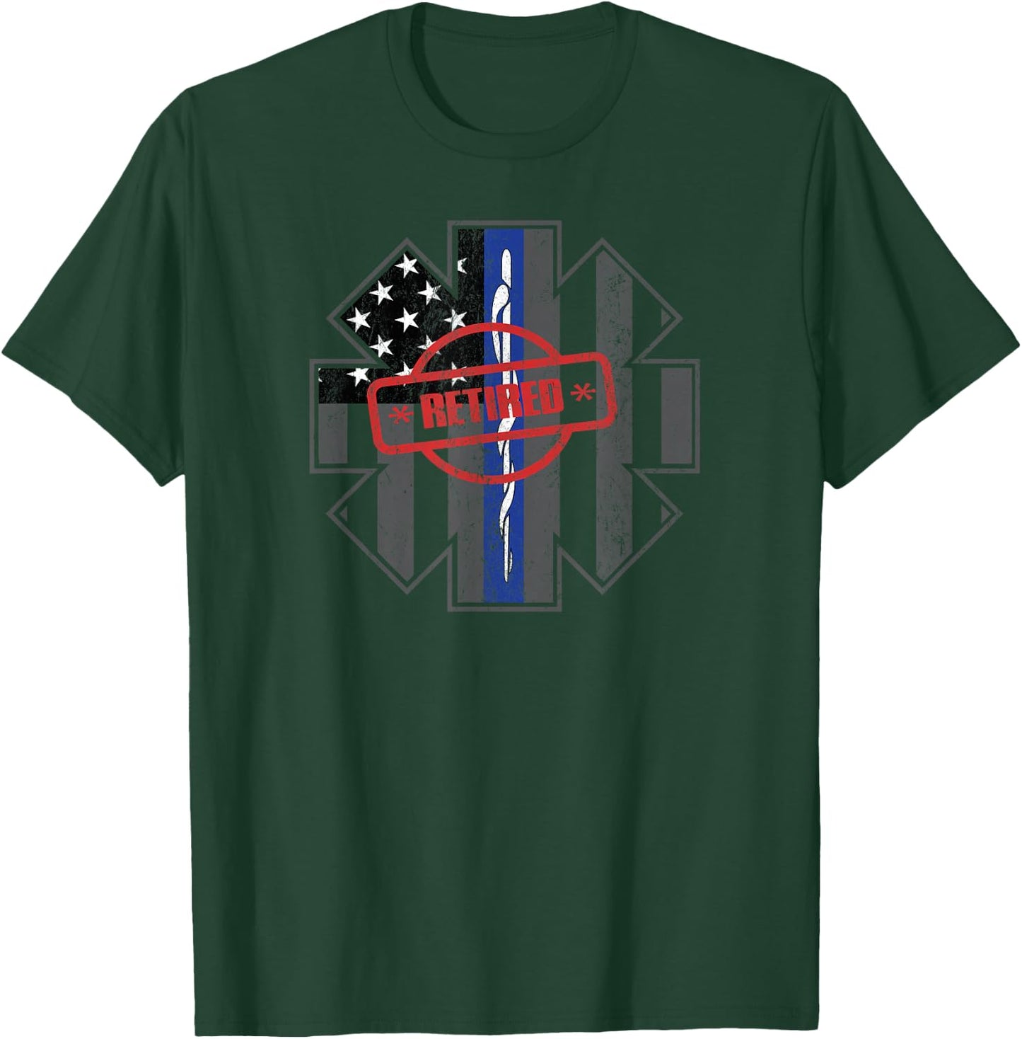 Retired EMT Paramedic Thin Blue Line Distressed T-Shirt - T-Shirt | Forest