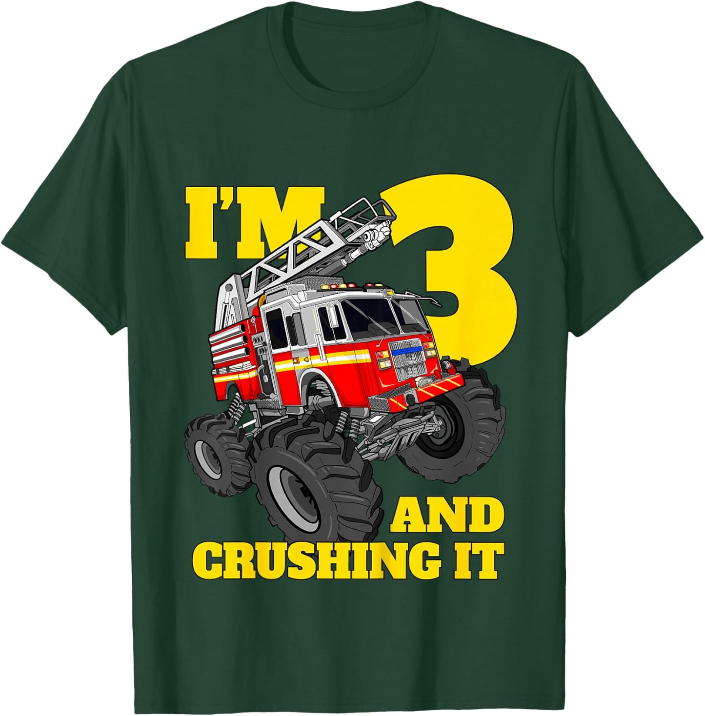 Kids Monster Fire Truck 3rd Birthday Boy Toddler 3 Firefighter T-Shirt - T-Shirt | Forest