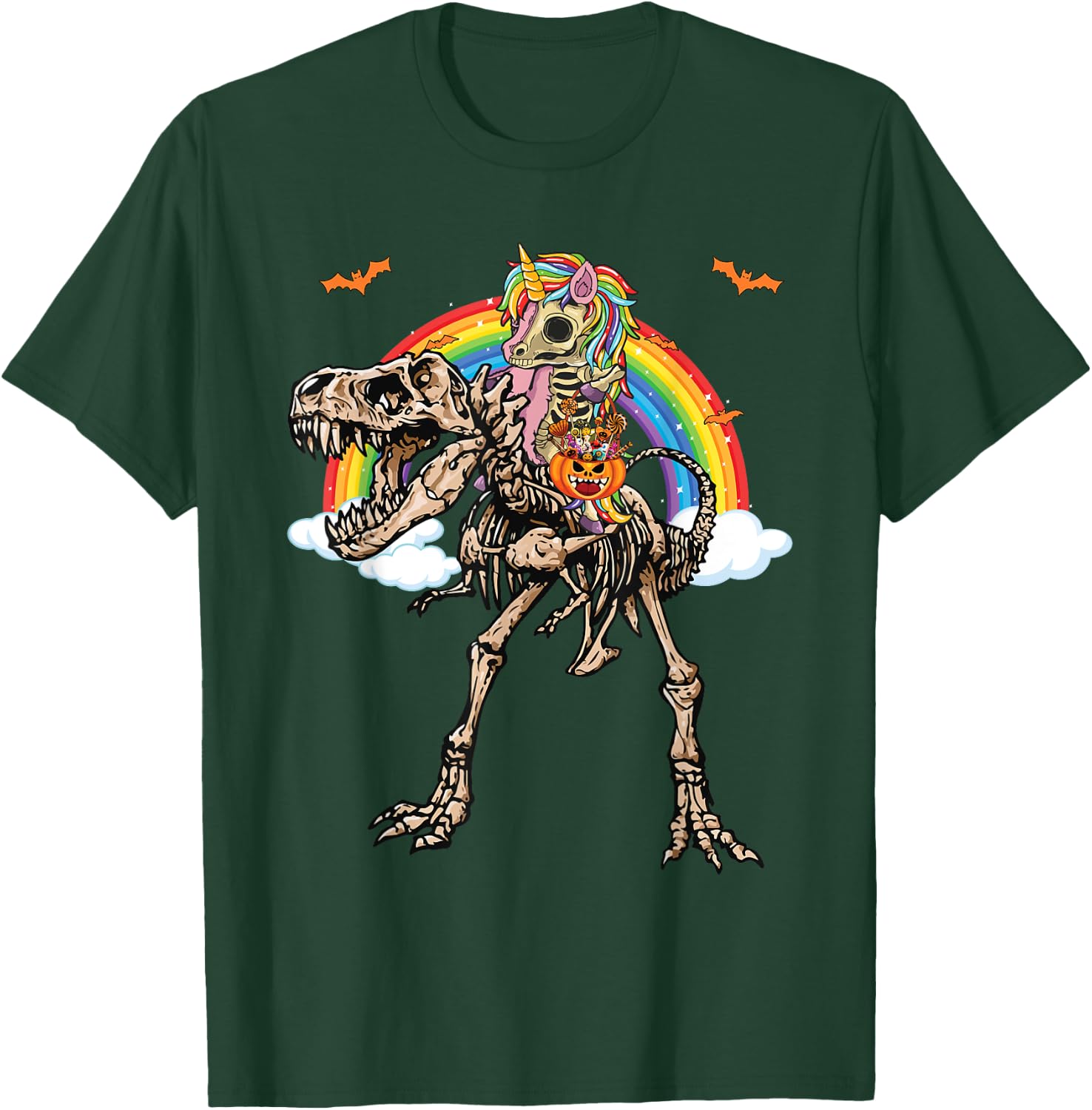 Skeleton Unicorn Riding Dinosaur T Rex Halloween T-Shirt - T-Shirt | Forest