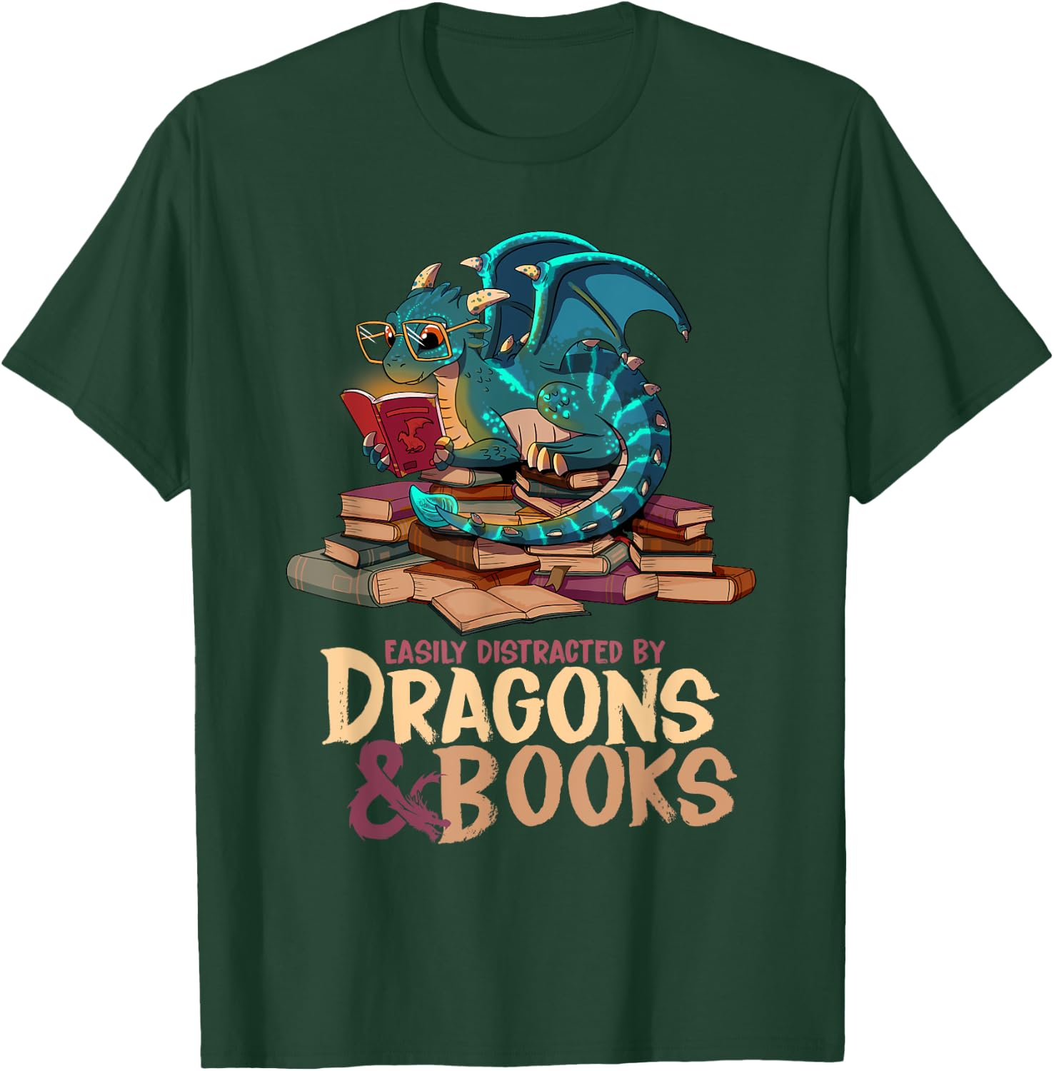 Easily Distracted By Dragons & Books Dragon Book Lover T-Shirt - T-Shirt | Forest
