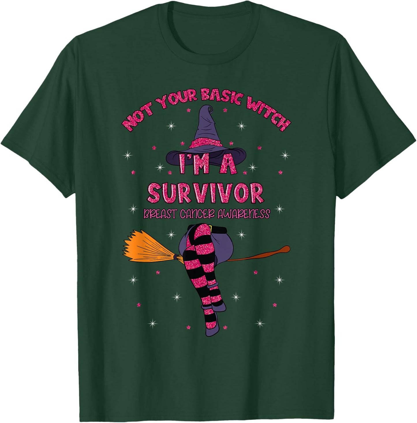Halloween Witch Pink Awareness Ribbon Breast Cancer Survivor T-Shirt - T-Shirt | Forest