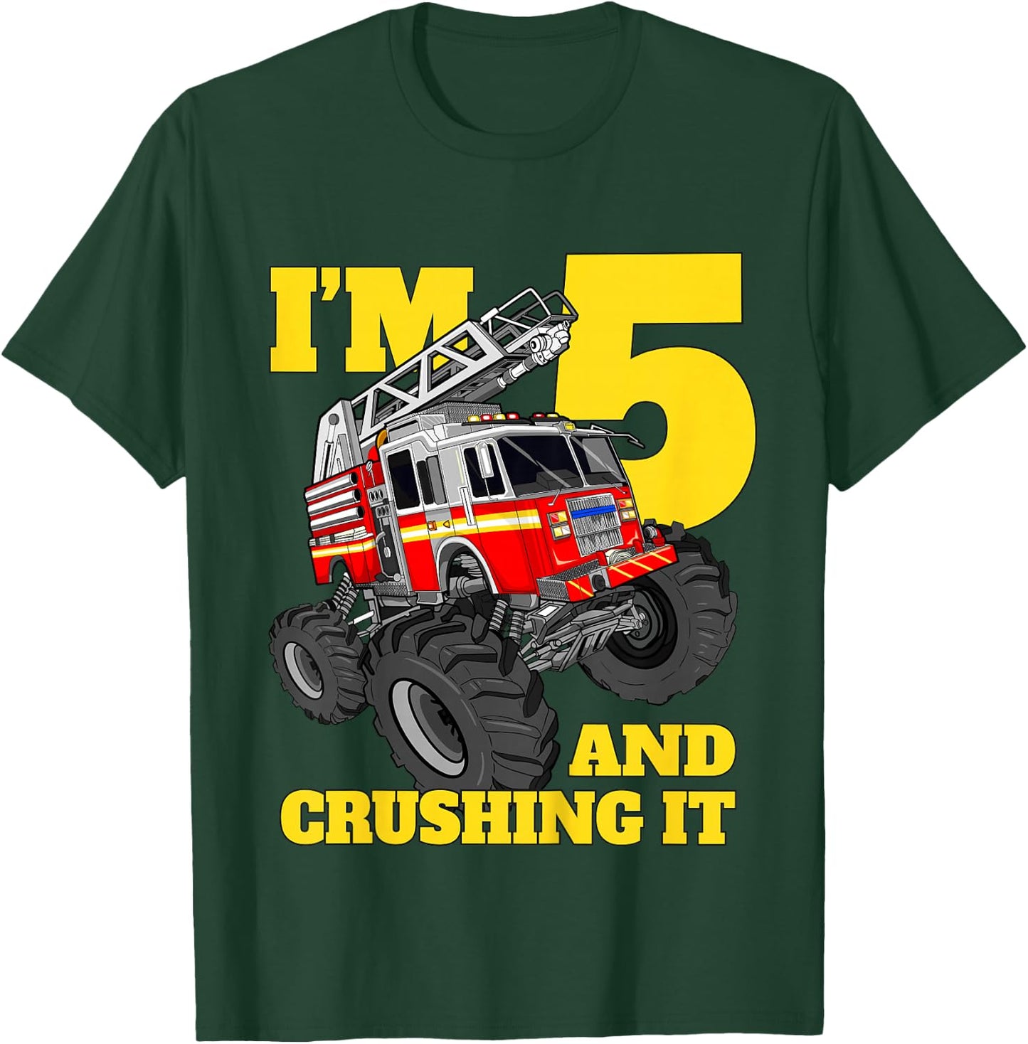 Kids Monster Fire Truck 5th Birthday Boy 5 Five Firefighter T-Shirt - T-Shirt | Forest
