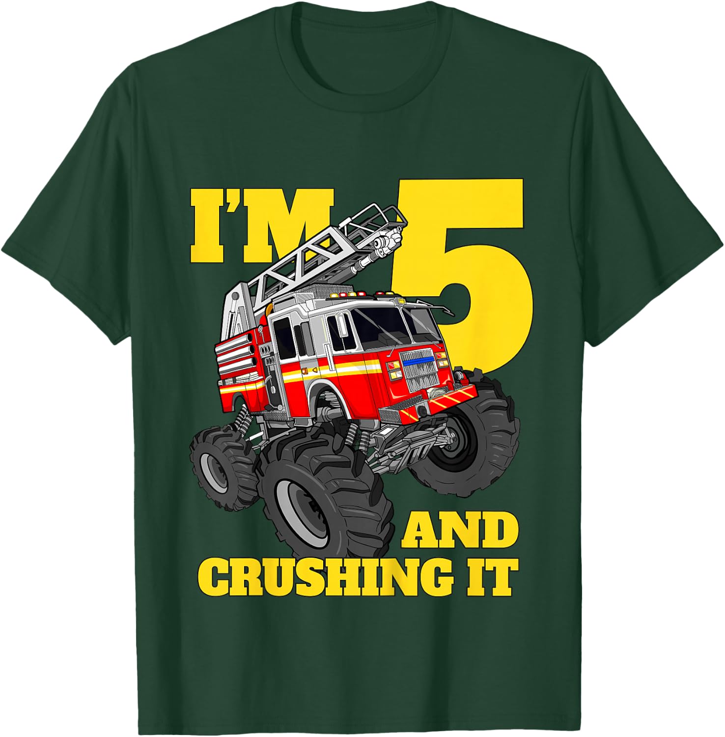 Kids Monster Fire Truck 5th Birthday Boy 5 Five Firefighter T-Shirt - T-Shirt | Forest