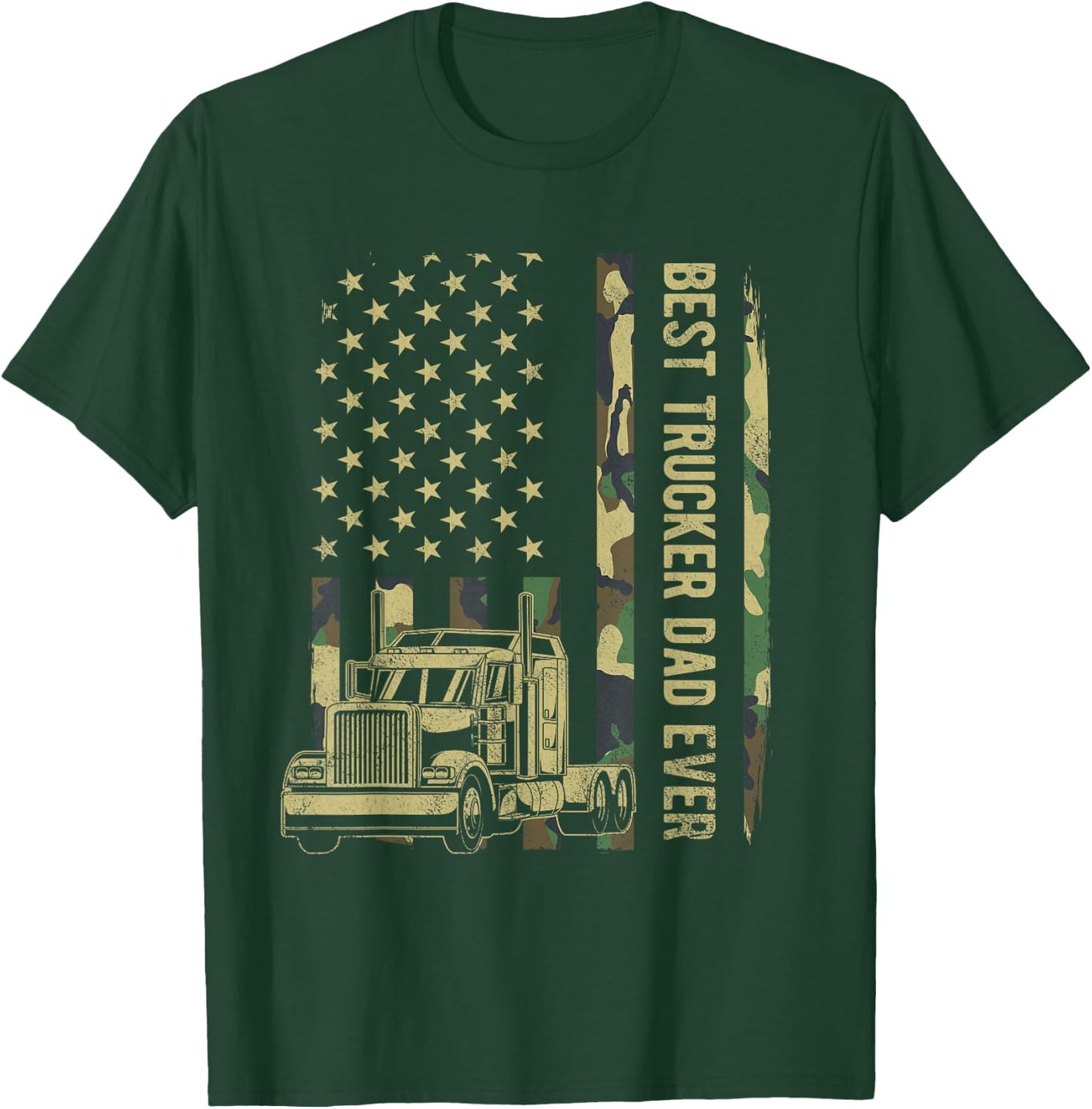 Best Trucker Dad Camouflage American Flag Fathers Day T-Shirt - T-Shirt | Forest
