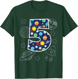 Outer Space 5 Year Old 5th Birthday Party Boys Girls Space T-Shirt - T-Shirt | Forest