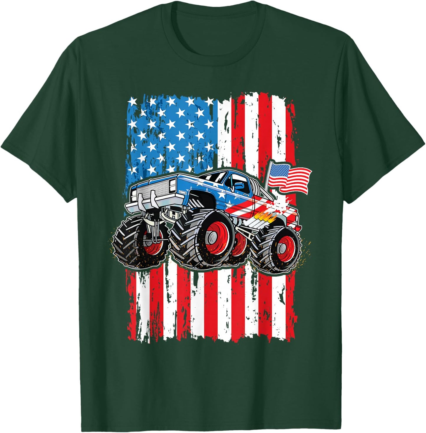 Monster Truck USA Flag Patriotic Boys Men 4th of July T-Shirt - T-Shirt | Forest
