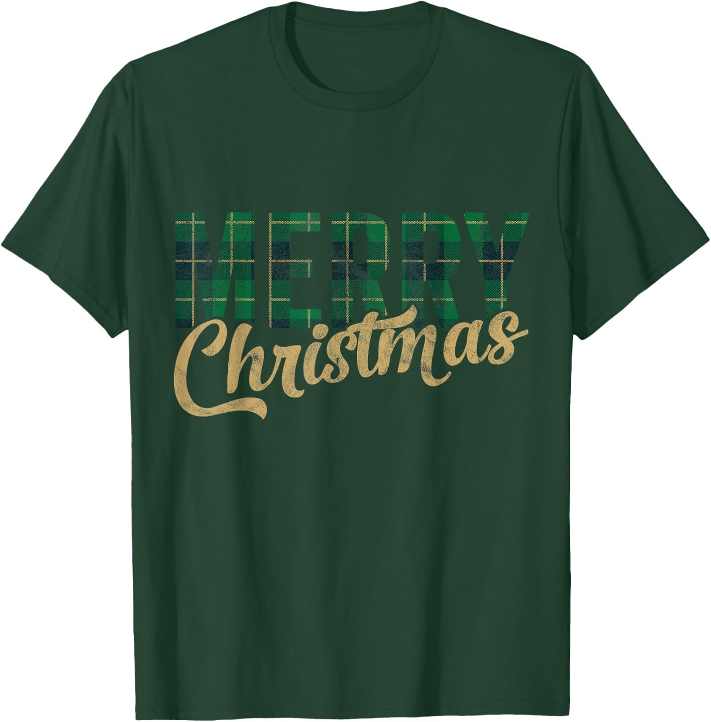 Retro Merry Christmas Green Plaid Gift Fun Happy Family Xmas T-Shirt - T-Shirt | Forest