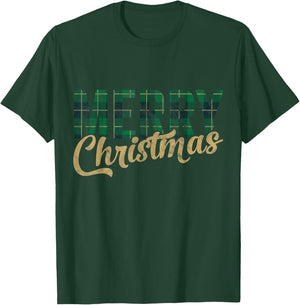 Retro Merry Christmas Green Plaid Gift Fun Happy Family Xmas T-Shirt - T-Shirt | Forest