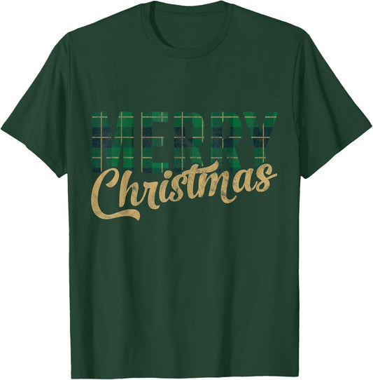 Retro Merry Christmas Green Plaid Gift Fun Happy Family Xmas T-Shirt - T-Shirt | Forest