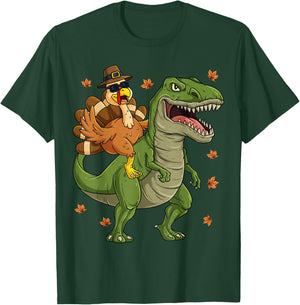 Thanksgiving Turkey Riding T Rex Dinosaur Toddler Boys Kids T-Shirt - T-Shirt | Forest